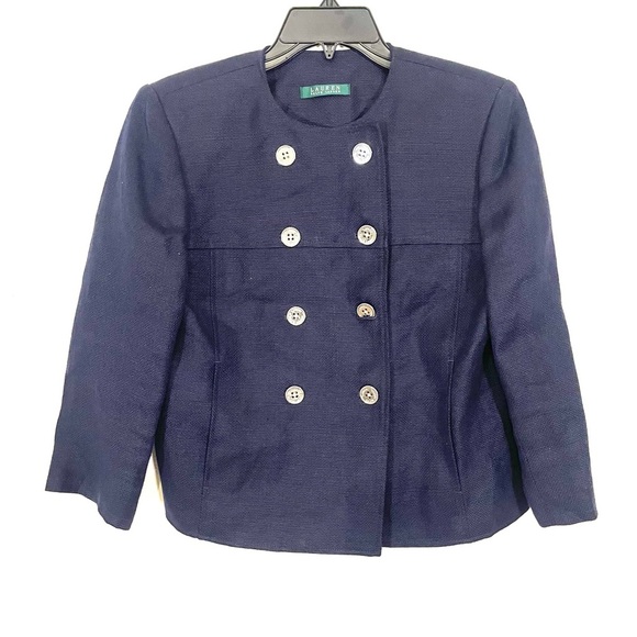 Ralph Lauren LRL 100% Linen Blazer Size 8 Urban Spctr-F City Navy Double Breast - Picture 1 of 6